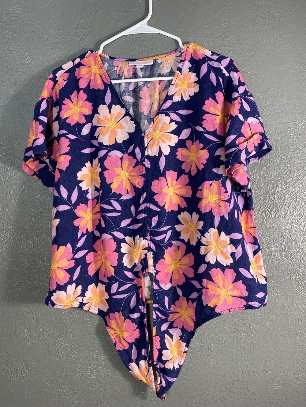 Charter Club Luxury Linen Top Womens L Navy Floral 100% Linen Tunic Handkerchief